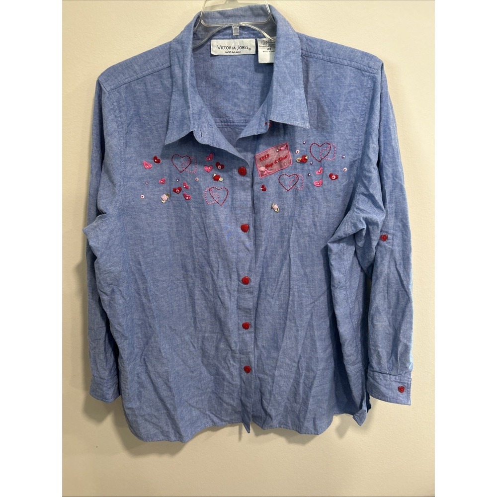 Victoria Jones 2X Vintage Valentines Day Jean Shirt Heart Buttons